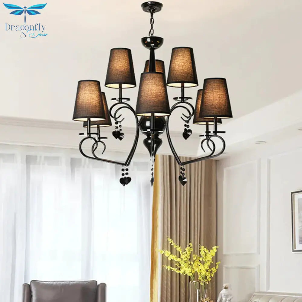 Fabric Tapered Hanging Ceiling Light Rustic 6/9 Lights Living Room Chandelier In Black