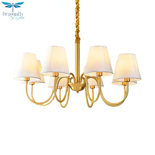 Fabric Tapered Hanging Chandelier Traditional 3/5/6 Lights Living Room Pendant Light In Brass