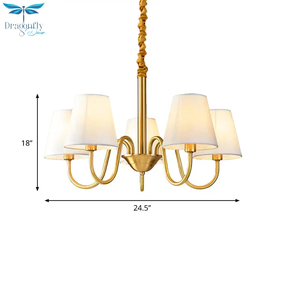 Fabric Tapered Hanging Chandelier Traditional 3/5/6 Lights Living Room Pendant Light In Brass