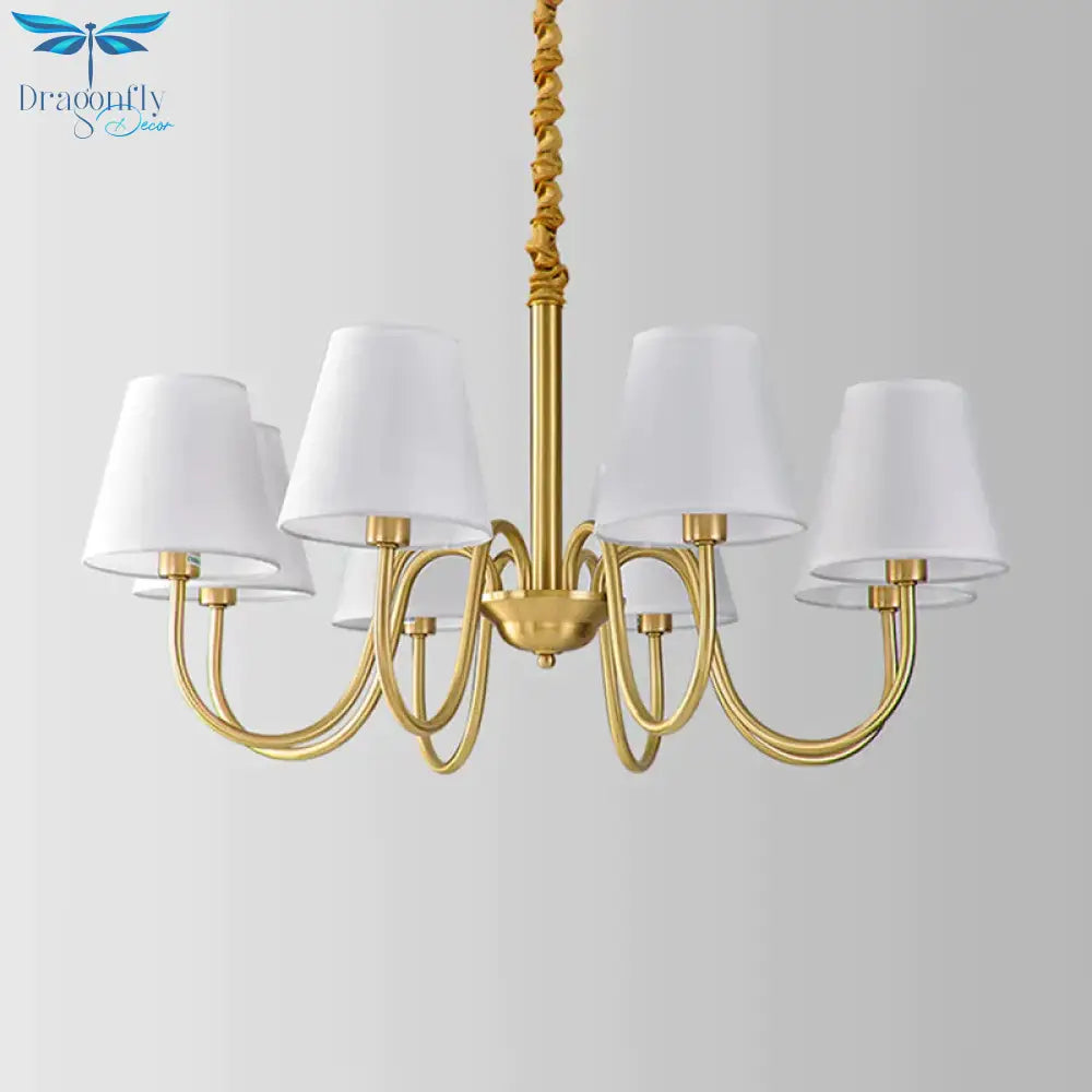Fabric Tapered Hanging Chandelier Traditional 3/5/6 Lights Living Room Pendant Light In Brass