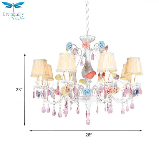 Fabric White Suspension Light Pleated Shade 3/8 Lights Korean Garden Pendant Chandelier With Pink