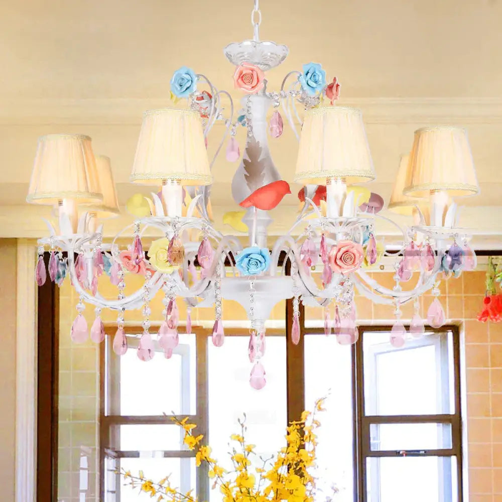 Fabric White Suspension Light Pleated Shade 3/8 Lights Korean Garden Pendant Chandelier With Pink