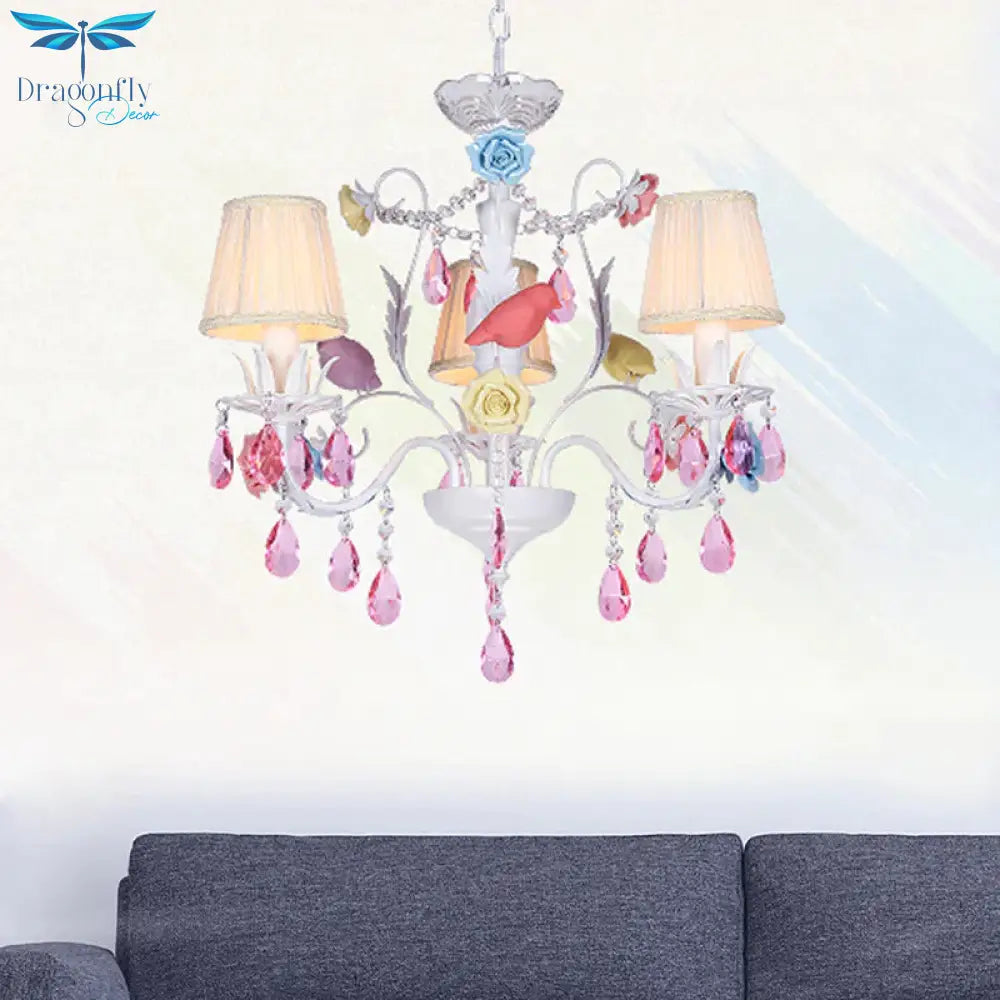 Fabric White Suspension Light Pleated Shade 3/8 Lights Korean Garden Pendant Chandelier With Pink