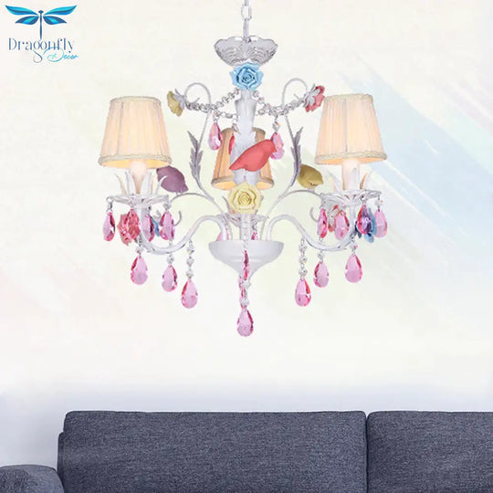 Fabric White Suspension Light Pleated Shade 3/8 Lights Korean Garden Pendant Chandelier With Pink
