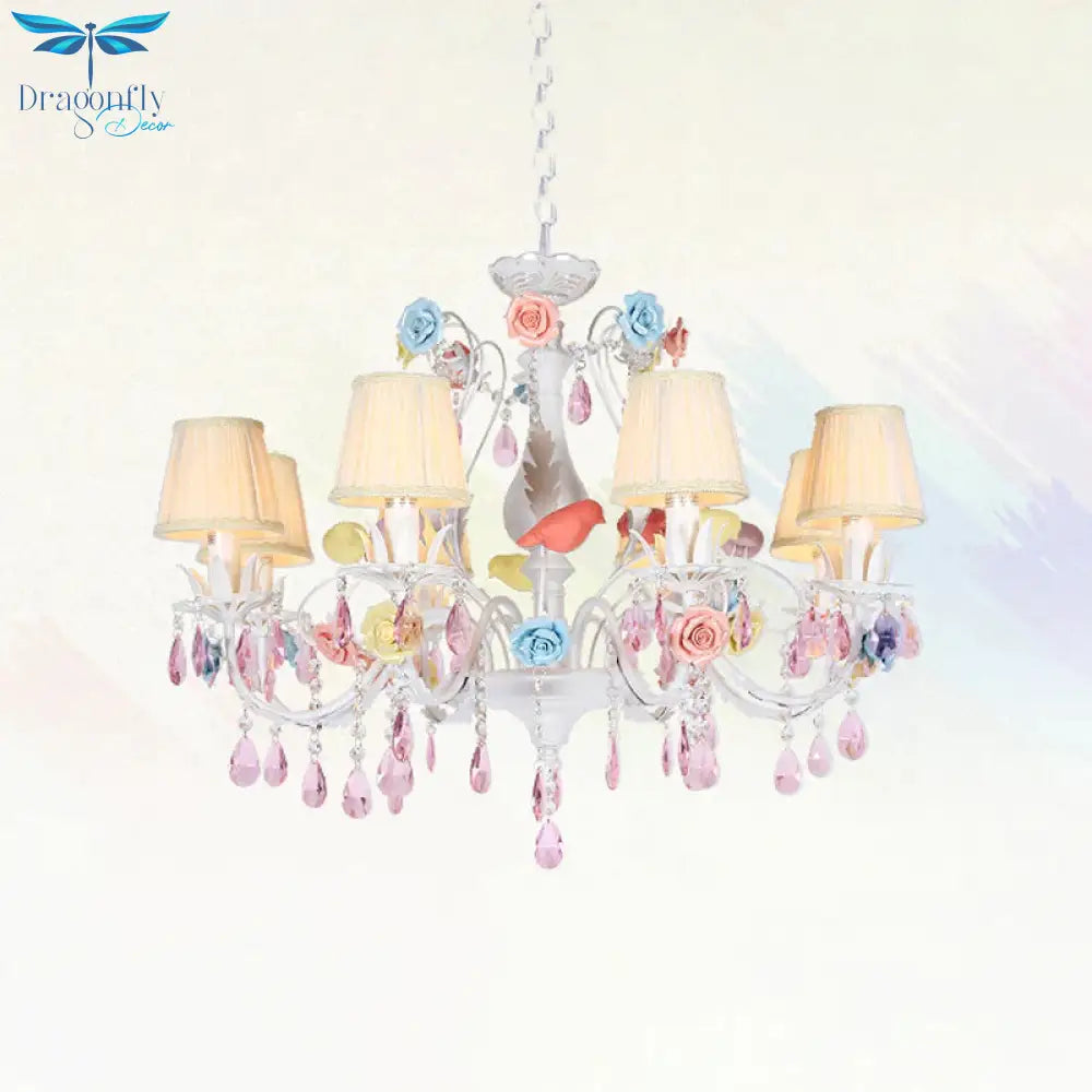 Fabric White Suspension Light Pleated Shade 3/8 Lights Korean Garden Pendant Chandelier With Pink