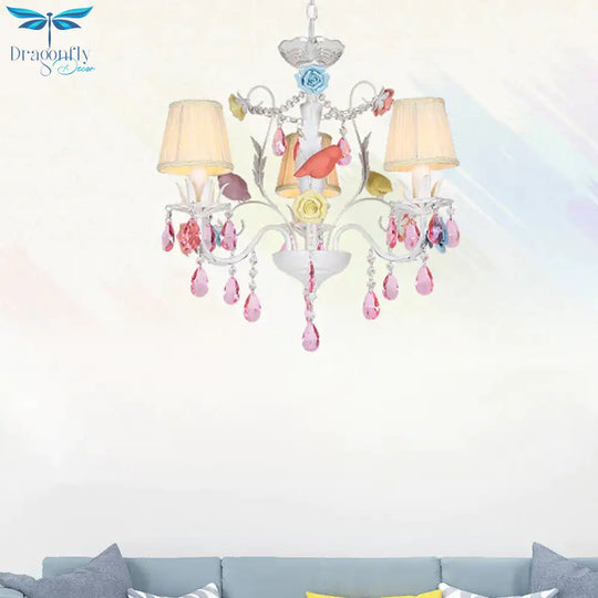 Fabric White Suspension Light Pleated Shade 3/8 Lights Korean Garden Pendant Chandelier With Pink