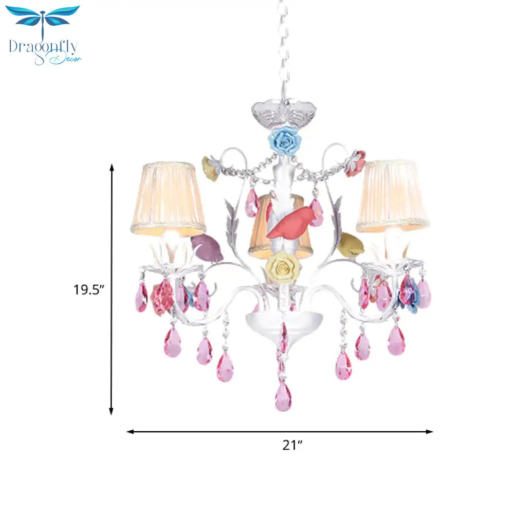Fabric White Suspension Light Pleated Shade 3/8 Lights Korean Garden Pendant Chandelier With Pink