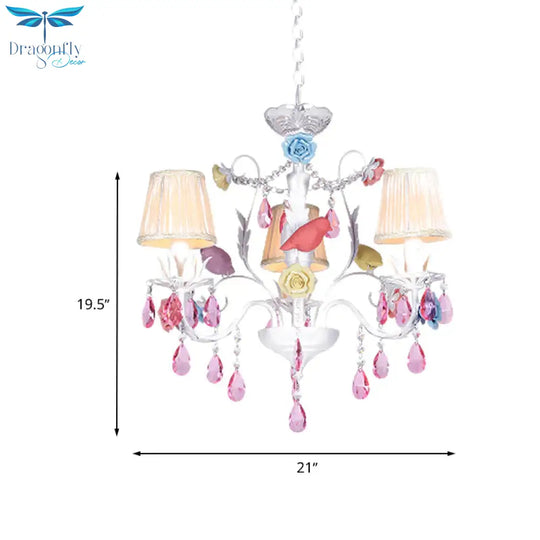 Fabric White Suspension Light Pleated Shade 3/8 Lights Korean Garden Pendant Chandelier With Pink