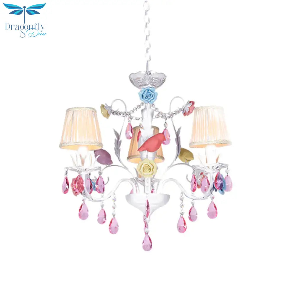 Fabric White Suspension Light Pleated Shade 3/8 Lights Korean Garden Pendant Chandelier With Pink