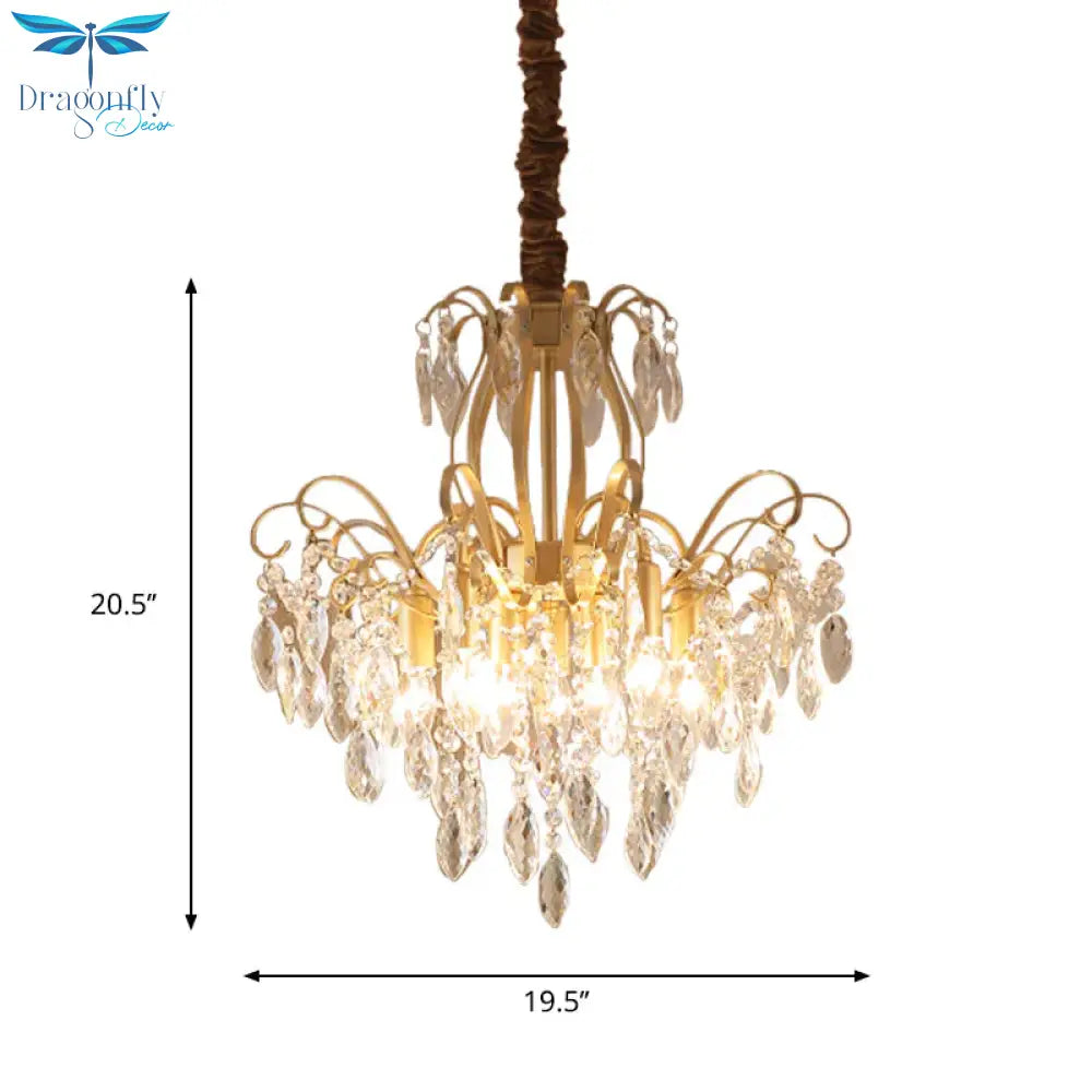 Faceted Crystal Waterfall Pendant Traditionalism 7 - Bulb Living Room Hanging Chandelier In Gold