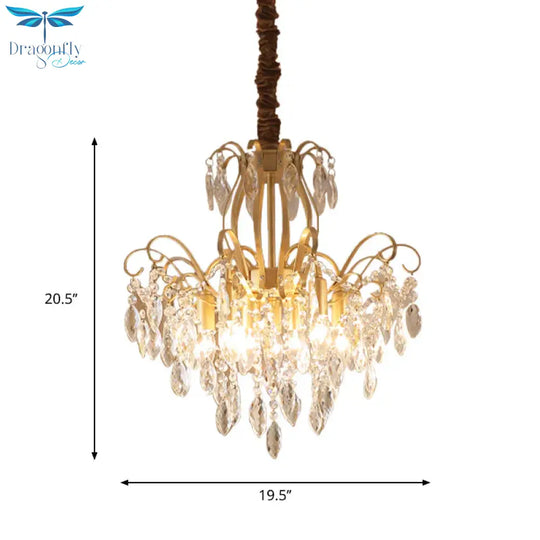 Faceted Crystal Waterfall Pendant Traditionalism 7 - Bulb Living Room Hanging Chandelier In Gold