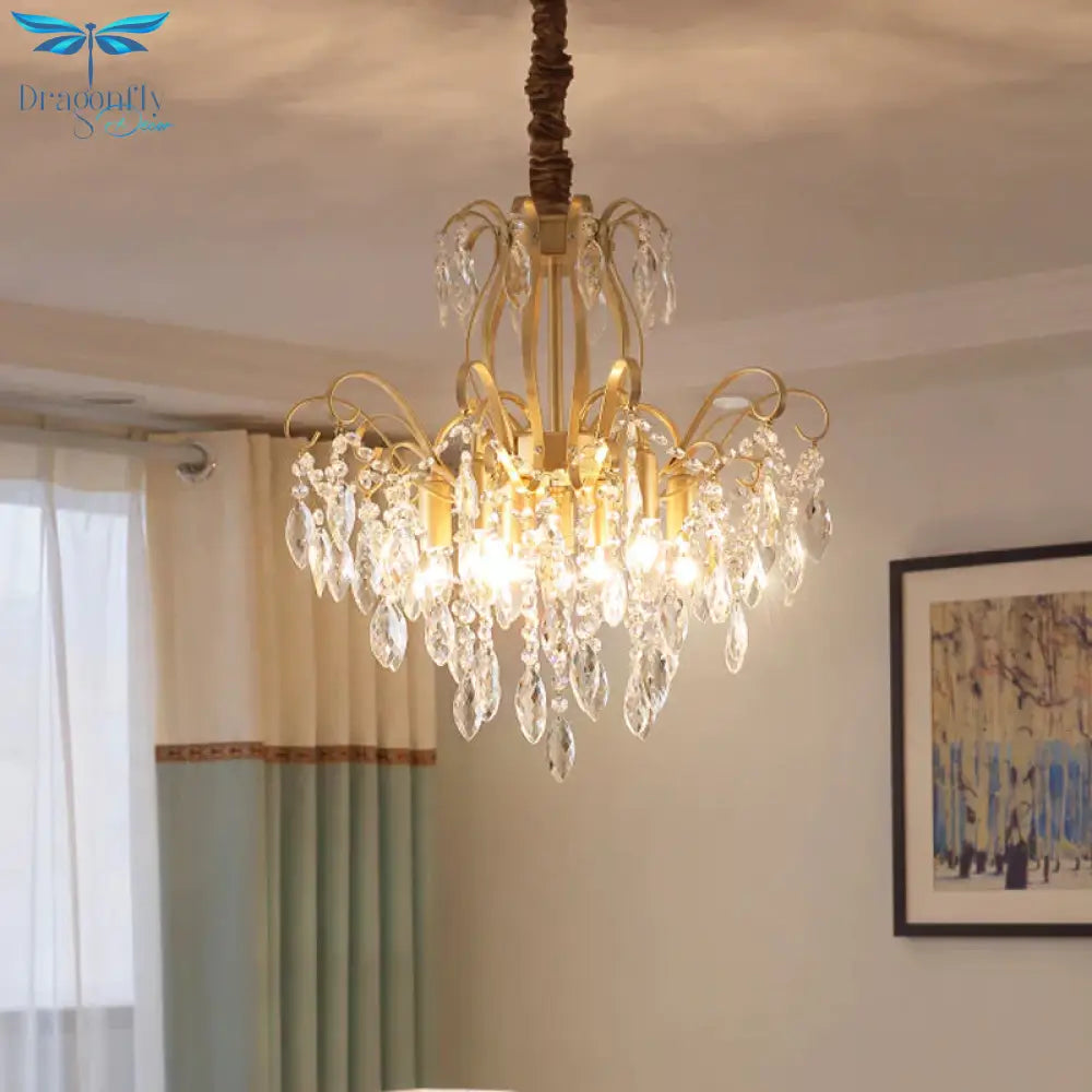Faceted Crystal Waterfall Pendant Traditionalism 7 - Bulb Living Room Hanging Chandelier In Gold