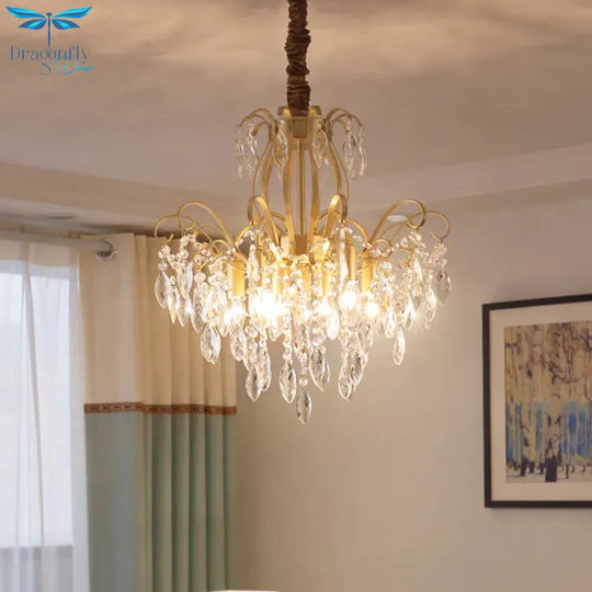 Faceted Crystal Waterfall Pendant Traditionalism 7 - Bulb Living Room Hanging Chandelier In Gold