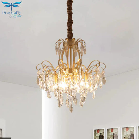 Faceted Crystal Waterfall Pendant Traditionalism 7 - Bulb Living Room Hanging Chandelier In Gold