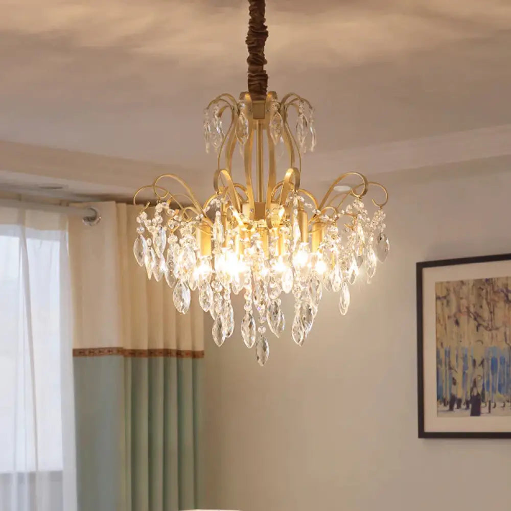 Faceted Crystal Waterfall Pendant Traditionalism 7 - Bulb Living Room Hanging Chandelier In Gold