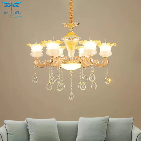 Fading Yellow Glass Ruffle Chandelier Postmodern 6 Lights Hotel Hanging Lamp In Gold