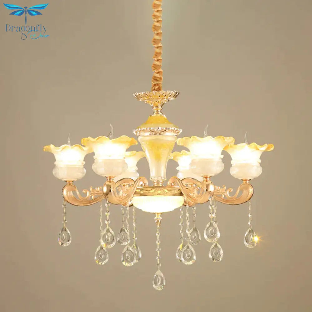 Fading Yellow Glass Ruffle Chandelier Postmodern 6 Lights Hotel Hanging Lamp In Gold