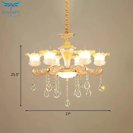 Fading Yellow Glass Ruffle Chandelier Postmodern 6 Lights Hotel Hanging Lamp In Gold