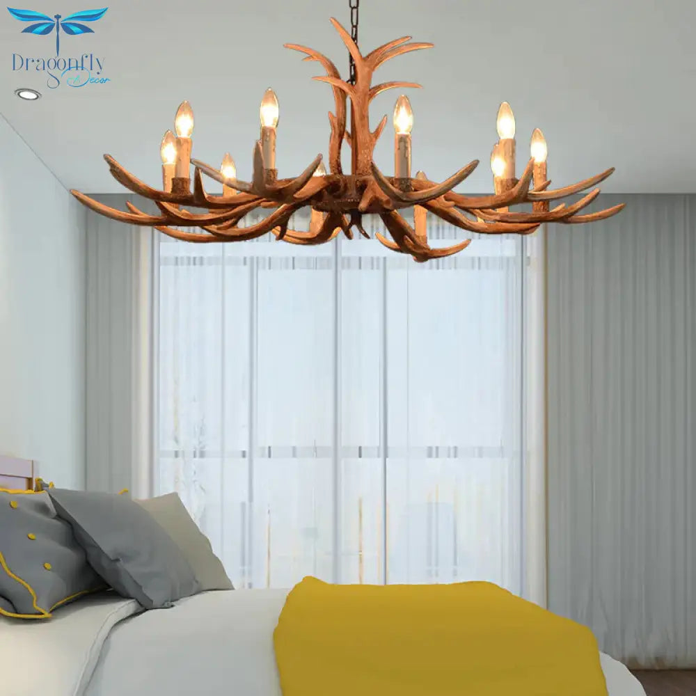 Faux Antler Bedroom Drop Lamp Traditional Resin 4/6/8 Bulbs Brown Chandelier Pendant Light