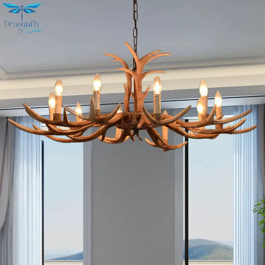 Faux Antler Bedroom Drop Lamp Traditional Resin 4/6/8 Bulbs Brown Chandelier Pendant Light