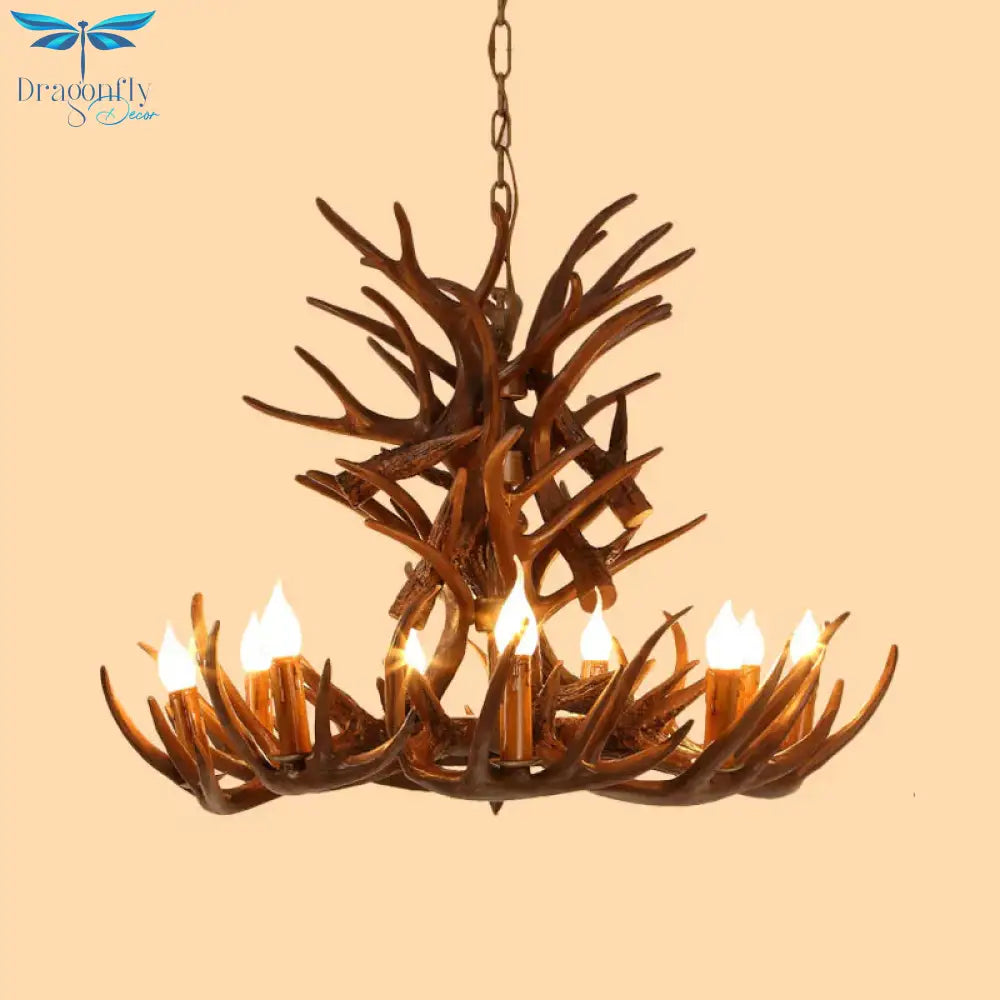 Faux Antler Resin Chandelier Lighting Cottage 9/12 Heads Restaurant Hanging Pendant Light In Brown
