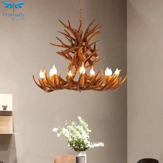 Faux Antler Resin Chandelier Lighting Cottage 9/12 Heads Restaurant Hanging Pendant Light In Brown