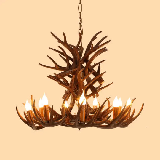 Faux Antler Resin Chandelier Lighting Cottage 9/12 Heads Restaurant Hanging Pendant Light In Brown
