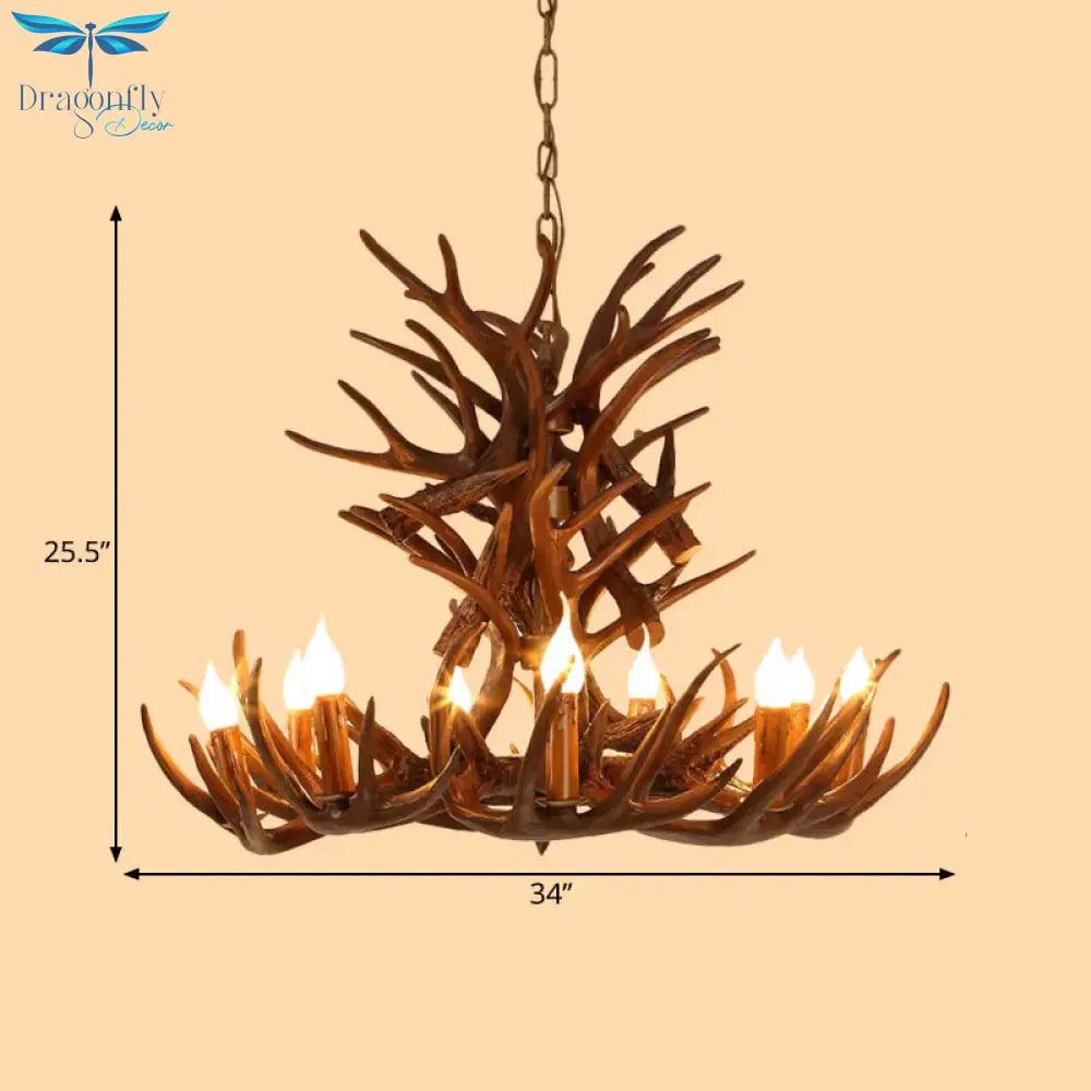 Faux Antler Resin Chandelier Lighting Cottage 9/12 Heads Restaurant Hanging Pendant Light In Brown