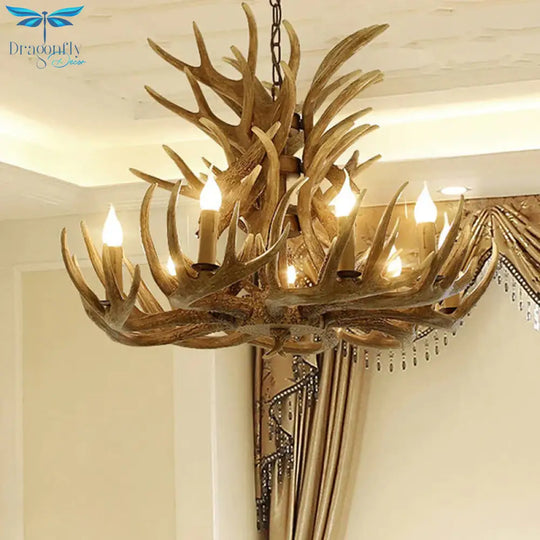 Faux Antler Resin Chandelier Lighting Cottage 9/12 Heads Restaurant Hanging Pendant Light In Brown
