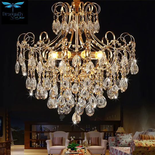 Flared Ceiling Light Fixture Postmodern Metal 5 Lights Gold Chandelier With Teardrop Crystal Accent