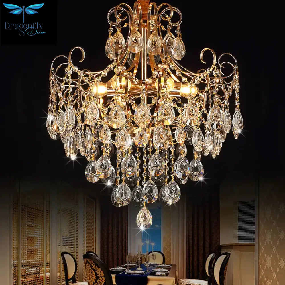Flared Ceiling Light Fixture Postmodern Metal 5 Lights Gold Chandelier With Teardrop Crystal Accent