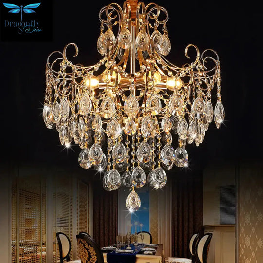 Flared Ceiling Light Fixture Postmodern Metal 5 Lights Gold Chandelier With Teardrop Crystal Accent