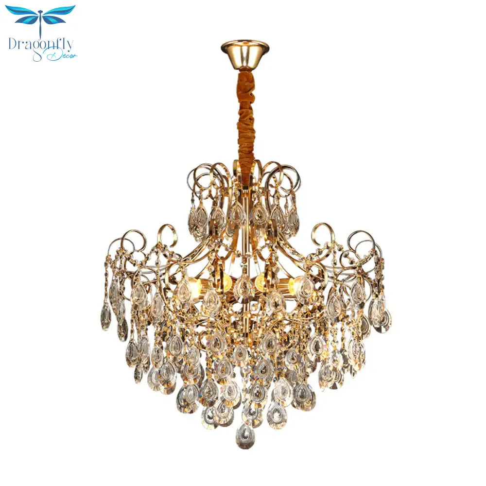 Flared Ceiling Light Fixture Postmodern Metal 5 Lights Gold Chandelier With Teardrop Crystal Accent
