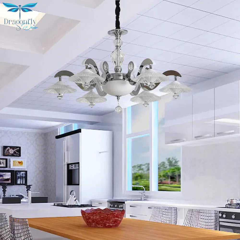 Flared Dining Room Pendant Ceiling Light Simple Ridged Crystal 6 Heads Chrome Hanging Chandelier