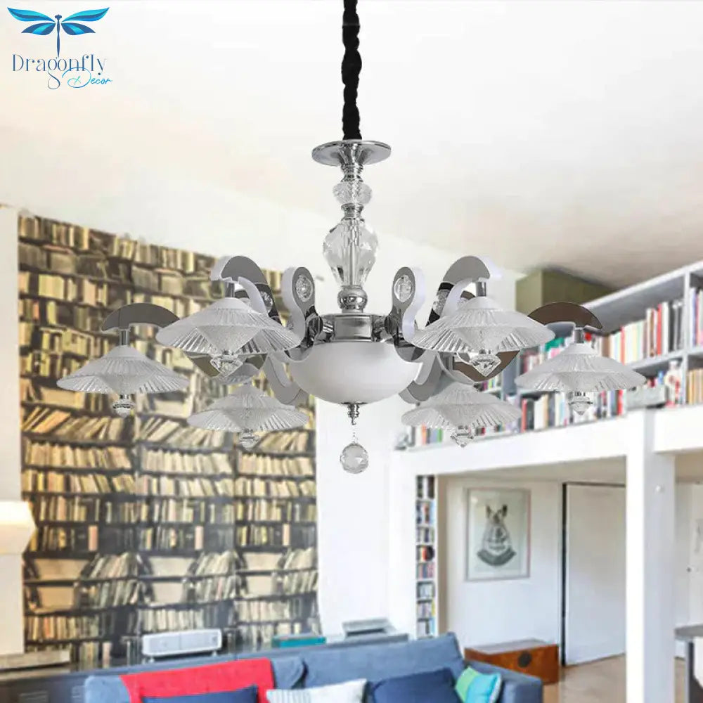 Flared Dining Room Pendant Ceiling Light Simple Ridged Crystal 6 Heads Chrome Hanging Chandelier