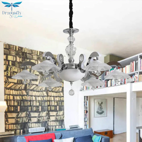 Flared Dining Room Pendant Ceiling Light Simple Ridged Crystal 6 Heads Chrome Hanging Chandelier