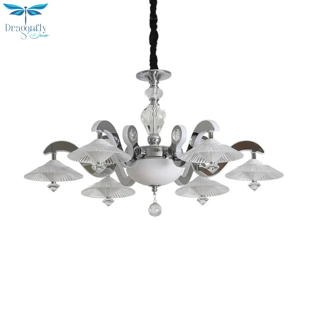 Flared Dining Room Pendant Ceiling Light Simple Ridged Crystal 6 Heads Chrome Hanging Chandelier