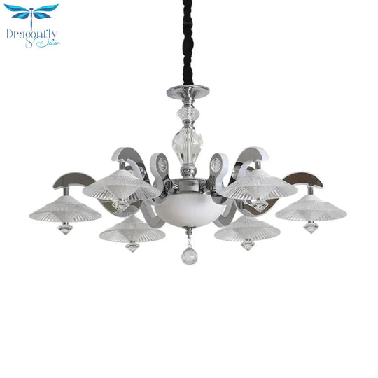 Flared Dining Room Pendant Ceiling Light Simple Ridged Crystal 6 Heads Chrome Hanging Chandelier