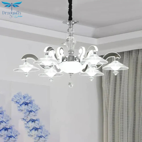 Flared Dining Room Pendant Ceiling Light Simple Ridged Crystal 6 Heads Chrome Hanging Chandelier