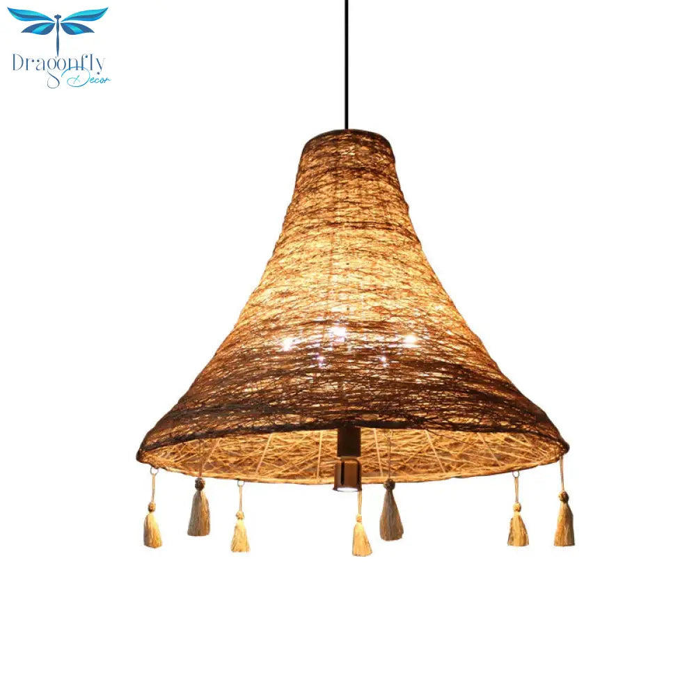 Flared Manila Rope Suspension Pendant Asian 23.5’/31.5’ Width 3 Bulbs Yellow Chandelier Light