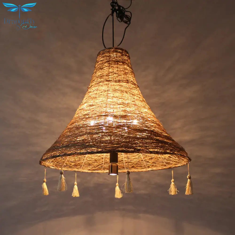 Flared Manila Rope Suspension Pendant Asian 23.5’/31.5’ Width 3 Bulbs Yellow Chandelier Light