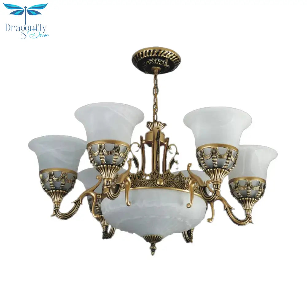Flared Shade Alabaster Glass Chandelier Traditional 9 Heads Dining Room Suspension Light In Bronze