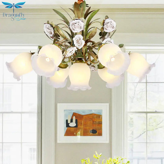Floral Bedroom Chandelier Light Pastoral Metal 4/7 Heads Green Ceiling Lamp With Rose Decoration