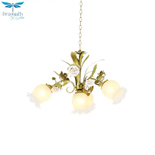 Floral Bedroom Chandelier Light Pastoral Metal 4/7 Heads Green Ceiling Lamp With Rose Decoration