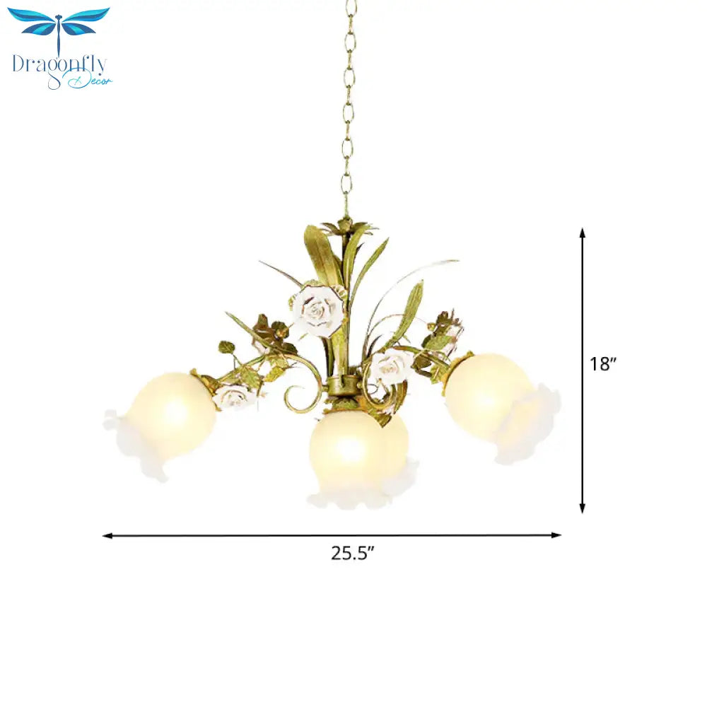Floral Bedroom Chandelier Light Pastoral Metal 4/7 Heads Green Ceiling Lamp With Rose Decoration