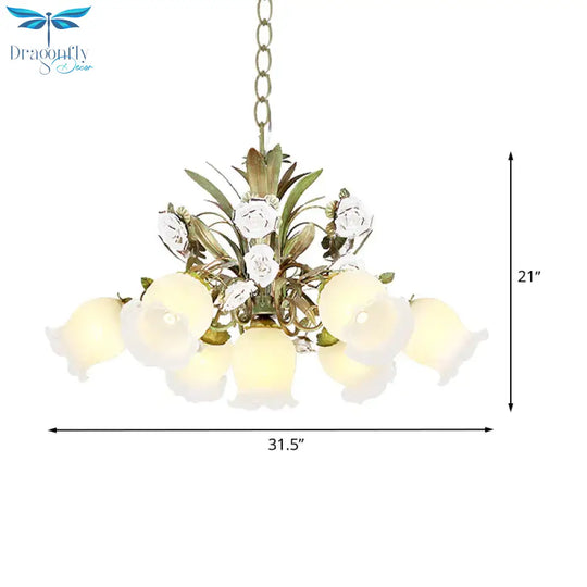Floral Bedroom Chandelier Light Pastoral Metal 4/7 Heads Green Ceiling Lamp With Rose Decoration