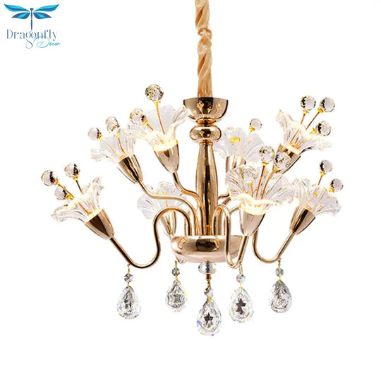 Floral Crystal Chandelier Lighting Traditionary 8 Bulbs Gold Pendant Light Fixture With Curved Arm