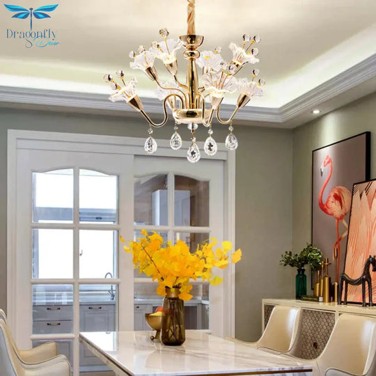 Floral Crystal Chandelier Lighting Traditionary 8 Bulbs Gold Pendant Light Fixture With Curved Arm