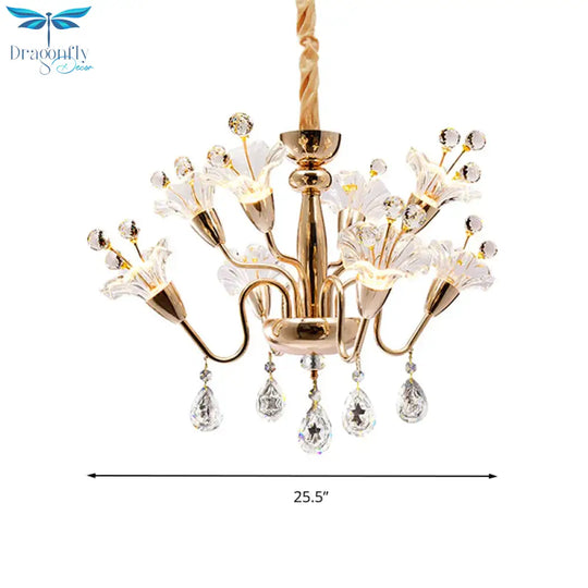 Floral Crystal Chandelier Lighting Traditionary 8 Bulbs Gold Pendant Light Fixture With Curved Arm