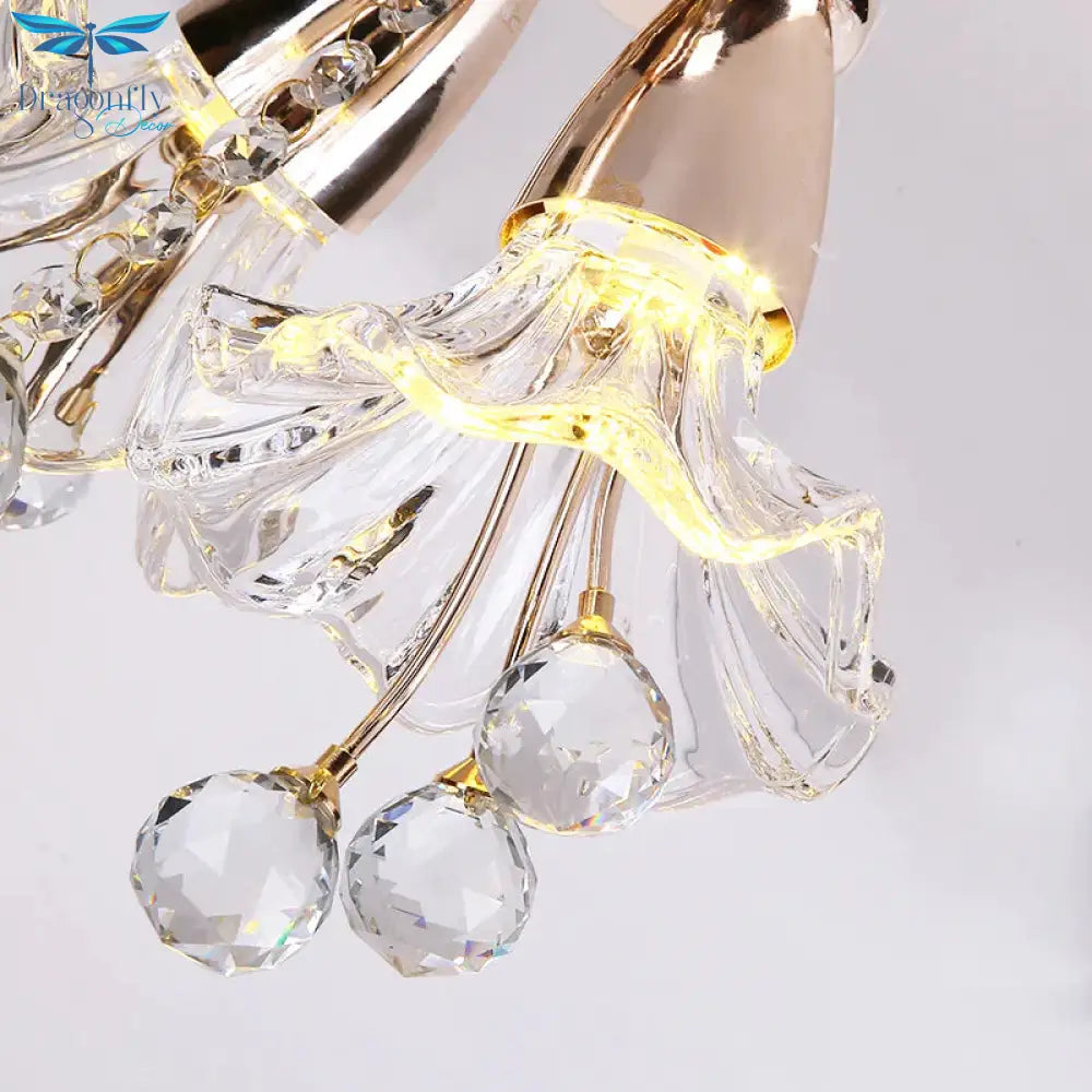 Floral Crystal Chandelier Lighting Traditionary 8 Bulbs Gold Pendant Light Fixture With Curved Arm